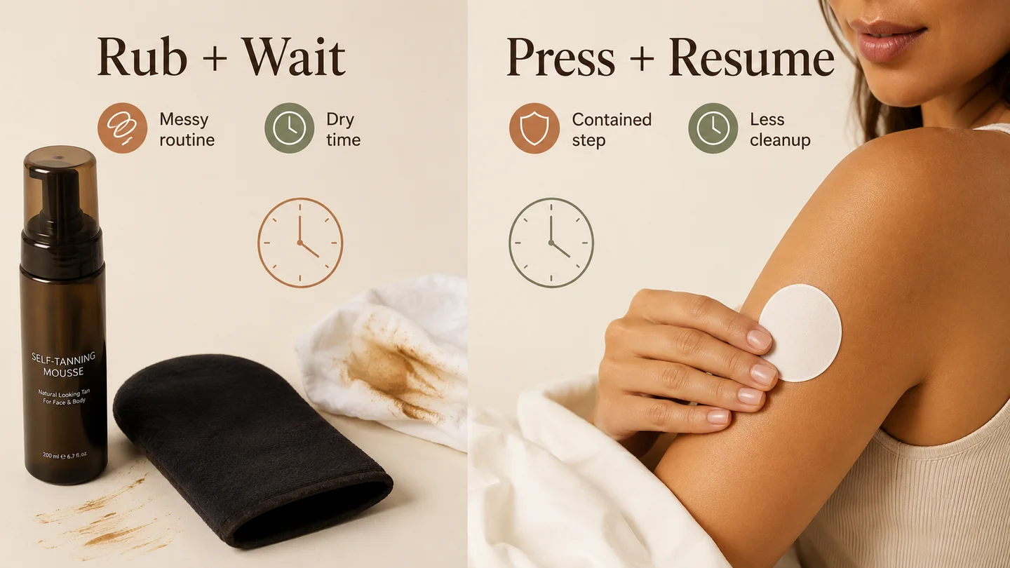 Traditional self-tanners require rubbing and waiting while the patch routine is press and resume